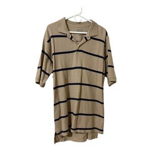 Austin Clothing Co. tan polo shirt with navy blue horizontal stripes. Size M